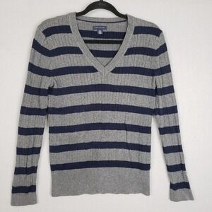 Tommy Hilfiger Size L V-Neck Varsity Sweater Gray Blue Stripe Cotton Fisherman